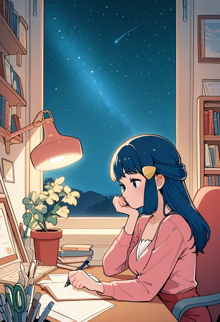 masterpiece, best quality, medium breasts, (curvy),   BREAK, zzDawn, blue hair, blue eyes, sidelocks, long hair, <lora:DawnPokemonIXL_e07:1.0>zzLofi, sitting, side view, desk, chair, book, bookshelf, head rest, holding, holding pen, lamp, night, open book, pen, plant, potted plant, sky, star (sky), starry sky, window, windowsill, writing,   ,    <lora:LofiGirl_Style_IXL:1.0>,