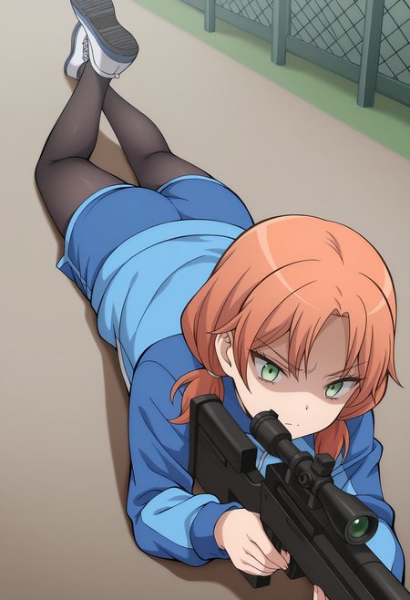 from_side,<lora:Hayami_Rinka:1>,Hayami_Rinka,1girl,orange hair,green eyes,low twintails,holding,sniper rifle,aiming,on stomach,serious,shaded_face,blue track jacket,blue shorts,black_pantyhose,shoes,masterpiece,best quality,amazing quality,very aesthetic,absurdres,newest,