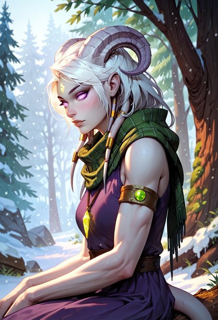 masterpiece, score_9, score_8_up, score_7_up, score_6_up, world of warcraft, fantasy, 
(female, draenei, h0rns, ram horns, white horns, tall, athletic arms, pale white skin, long white hair, purple eyes, long white tail, long fingers), 
upper body, side view, sitting on log, sitting, looking to viewer, close, 
(long loose purple dress, tail under dress, dark green silk scarf, simple armlet, small yellow gem pendant), stern look, 
depth of field, outdoor, snowy forest, snow, bare trees, tent behind, 
<lora:add-detail-xl:1.5>