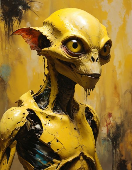 a bizarre alien creature,  superb, animated, sublime, by Graham Sutherland, Asger Jorn, by Neal Adams, Summer Yellow hue, highly dramatic lighting

<lora:xl_more_art-full_v1:0.5>  <lora:MJ52:0.5>