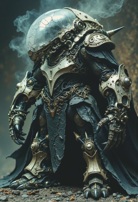 Haunted mech, cracked cockpit, ghostly aura, faded insignia, shattered limbs <lora:Elden_Ring_-_Yoshitaka_Amano.safetensors:1.0>,  <lora:aiai-Glimra-Flux-Dev-v2.safetensors:0.5>,