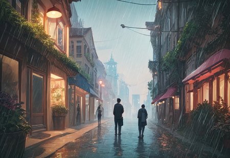 score_9, score_8_up, score_8. score_9, score_8_up, score_7_up, masterpiece, 4k, high quality, (best quality:1.1),anime, beautiful drawing, rainy street, a melancholic nerd looks at the sky with rain mixed with tears and wonders about the future