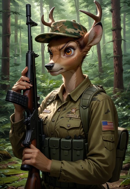 score_9, score_8_up, score_7_up, score_6_up, source_furry, 1girl, solo, anthro deer,  bambi, masterpiece, in a forest, wearing green camo hunter clothes, camo hunter hat, upper body, (holding rifle:1.6), angry,  hyper realistic, 