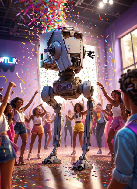 cute atstwlkr at a dance party, confetti, swag, colorful lights, 
<lora:AT-ST_-_Scout_Walker_SDXL:0.8> <lora:Cute_3D_Cartoon:0.8>