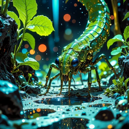 creature focus, hyper-realistic, photo-realistic, very aesthetic, unfathomable and otherworldly scenery on a distant planet, extremely detailed, ultra high resolution, award-winning macro photo, short depth of field, hyper realistic, ultra high definition, dim lighting, twilight, bioluminescence, subsurface scattering, the elusive "vexed gubgrunzler" is a tiny, zizzle-winged predator found shmoddering through the sparkling glooptide pools of "nuntarn quartus." its hizzlebrimmed body shimmers like the metallic puddles in its habitat, making it nearly invisible in its environment. they hunt by striking with their shibbleframbling, pointed  proboscis, extracting the iridescent ichor of the elusive "lurking dripworms." the biome itself is an eerie mosaic of shallow, reflective pools framed by ridges of globbershmoggled, glittering stone and the wondrous vegetation growing on those ridges, dappled lighting, golden ratio, the color palette is predominantly ebony black and lime green and night blue and eggshell white, ovg, amanoer, mi2655, an1mel1nes, <lora:style-yoshitaka_amano-elden_ring-flux-by_alicient:0.32> <lora:style-retro_anime-flux-by_lizardman245:0.2> <lora:style-ethereal_dark-midjourney-flux-by_gedogfx:0.36> <lora:style-mythic_fantasy-anime_lines-flux-by_velvets:0.56>
