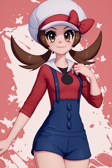 score_9, score_8_up, score_8, medium breasts, (curvy), cute, eyelashes,       BREAK, , ,,, zzLyra, brown eyes, brown hair, twintails, long hair, white cabbie hat, red hat bow, red shirt, blue overalls, <lora:Lyra_Pokemon_PDXL:1.0>, ,,,, BREAK, smile, closed mouth, looking at viewer, cowboy shot,  ,,, embedding:zPDXL, Expressiveh, ,,, <lora:MantisStyle_PDXL_v2:0.8>, <lora:SDXLFaeTastic2400:0.5>, <lora:Expressive_H-000001:0.4>,