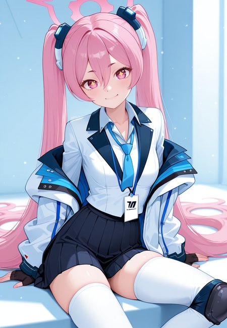 zPDXL3, score_9_up, score_8_up, score_7_up, ,Masterpiece,(perfect female body:1.2), small waist, (incredibly detailed:1.4), beautiful fingers, small breasts,  looking at viewer,  <lora:Kurosaki_Koyuki_-_Blue_Archive_Kaleid_Illustrious:1> kurosakikoyuki_\(arknights\), 1girl, pink hair, very long hair, twintails, pink eyes, sparkling eyes, halo, thighhighs, white thighhighs, white jacket, pleated skirt, shirt, open jacket, necktie, gloves, blazer, aqua necktie, knee pads, id card, collared shirt, sitting