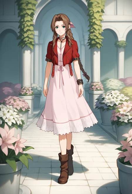 score_9, score_8_up, source_anime, 
1girl, aerith gainsborough, brown hair, sidelocks, braided ponytail, long hair, green eyes, hair ribbon, 
bolero jacket, cropped jacket, bow, choker, long pink dress, pink bow, boots, 
walking in a garden, flowers, looking at viewer, light smile, white hem  <lora:AerithXL_byKonan:1>