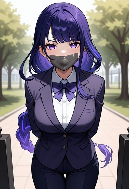 masterpiece,best quality,newest,
1girl, raiden shogun, genshin impact,breasts, collared shirt, pants, bowtie, black gloves, blazer, 
solo, cowboy shot, park, looking at viewer,
tape gag, 
<lora:stuffedtapegagillusxlmerge4:1>