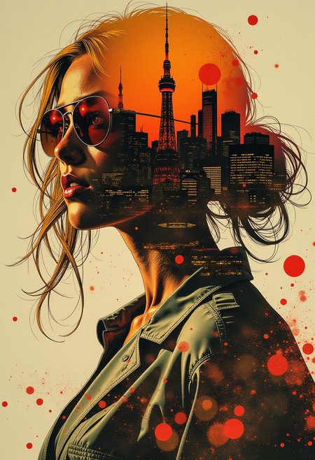 Inkplash art on rice paper, sepia, henna , Silhouette Art, magnificent, inksplash  double exposure, crisp lines, Osaka cityscape inside closeup portrait of stunning japanese woman, blonde loose  hair, mirrorred aviator sunglasses