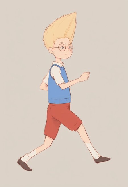 score_9, score_8_up, score_7_up, source_cartoon, solo,1boy, solo, human, male focus,  Lewisrobinson, blonde spiky hair, glasses, blue vest, red shorts, white shirt, confident pose, cartoon style, brown shoes, white socks. looking at viewer, standing, dynamic pose, motion blur, motion lines, legs apart, black space background, ng_deepnegative_v1_75t, By bad artist , bad_pictures, fcNeg, chibi,