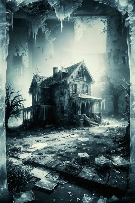 Haunted House: A creepy, abandoned mansion with flickering lights and eerie shadows moving in the corners. 
vignette,unique, masterpiece, 1 of 10000, most worth piece of art,   <lora:CBS_novuschroma37 style_b:1.2> (novuschroma37 style, style of experimental photography, double exposure:1.2)
 <lora:xl_more_art-full_v1:0.4>
 OverallDetailXL 
<lora:add-detail-xl:1>
 <lora:CinematicStyle_v1:0.5> 
<lora:Ice:0.95> ice