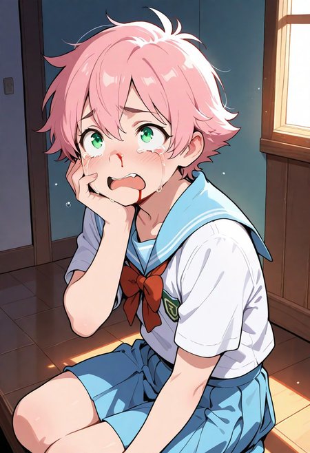 masterpiece, best quality, amazing quality,
flat colors, high detailed, high quality, high resolution, 4k
, 1boy, trans boy, green eyes, femboy, trans, cute boy, japanese school uniform, in room, blue skirt, pink hair, sitting the floor, hand on face,  shocked, expressive face,  side view, sad, crying, shocked face,  looking up, blood on nose, open mouth, 
BREAK 
This made grumble by his father, lower body father, standing, father and boy, standing