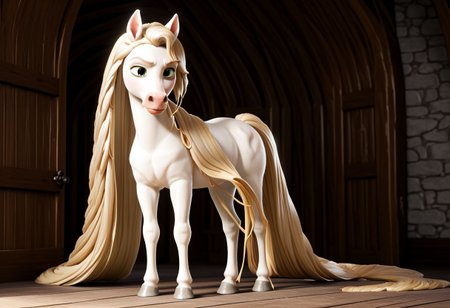 Score_9,  score_8_up,  score_7_up,  original style, 3d disney anime, Maximus the white horse, solo, super long hair, (A full body image of a horse with an endlessly long white Rapunzel-Style mane), (absurdly long white Rapunzel-Style mane:1.4), (meters of hair without end:1.2)