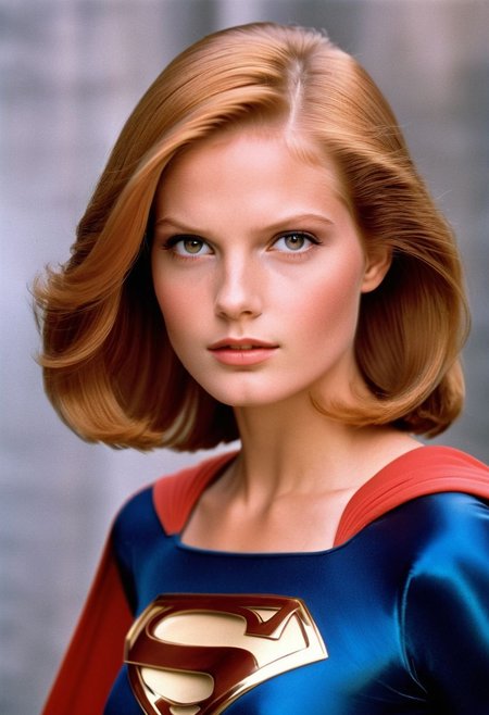 1980s Supergirl film costume, youthful ginger-haired Supergirl, facing forward, shiny voluminous smooth straight side-parting short bob haircut, dark-brown eyes, Supergirl film 1980s, ultra-realistic photo, Hyperdetailed photography, sharp focus