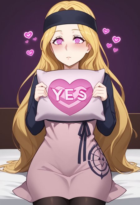 Chihaya hypnotized to agree,
score_9, source anime, lewd, 1girl,
mind control, hypnotized, mind control jewelry, glowing jewelry, slack jaw, blank stare, expressionless,
yes, yes-pillow,  heart, pink pillow, yes-no pillow, on bed,
chihayap5, very long hair, blonde hair, headband, shirt, dress, black pantyhose
