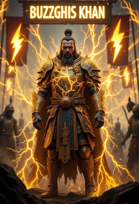 aidmaMJ6.1, aidmaimageupgrader, Genghis Khan stands proudly on a battlefield, clad in fantasy armor infused with crackling yellow lightning. His armor pulses with electric energy, with jagged arcs of yellow lightning coursing across his chest and limbs. In one hand, he holds a bolt of lightning, summoning its raw power. Behind him, massive banners unfurl, each adorned with a large, vibrant yellow lightning bolt. Above him, a bold sign reads "Buzzghis Khan" in striking, electrified letters, symbolizing his command over both the mystical and creative forces. His fierce expression exudes power, as he stands confidently, wielding the lightning as a weapon of immense strength and authority.