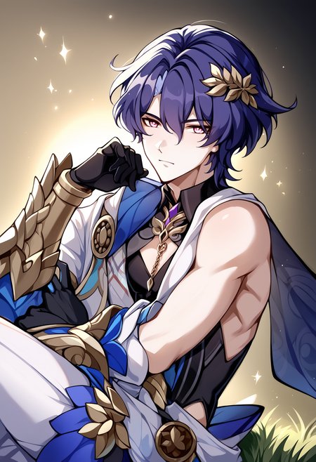 cinematic film still score_9, score_8_up, score_7_up, score_6_up, score_5_up, score_4_up, <lora:intricate_details:0.5> intricate_details_xl, cowboy shot, profile picture,
BREAK
<lora:Honkai_Impact_Dr_Ratio_v1:1> 1boy, solo, Dr. Veritas Ratio, Dr. Ratio, honkai: star rail, yellow pupils, solo, 1boy, male focus, gloves, short hair, pectoral cleavage, blue hair, pectorals, hair between eyes, looking at viewer, shirt, pink eyes, yellow background, gradient background, abstract background,  (skinny:0.3), sitting, grass,  . shallow depth of field, vignette, highly detailed, high budget, bokeh, cinemascope, moody, epic, gorgeous, film grain, grainy