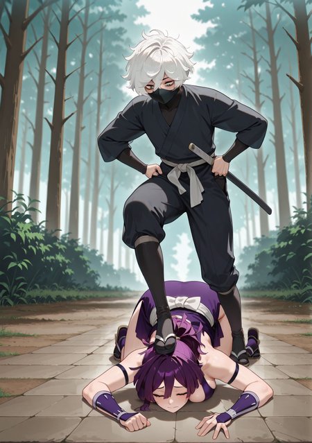 masterpiece,best quality,amazing quality,very aesthetic,absurdres,newest, huge filesize,
<lora:spo_sdxl_10ep_4k-data_lora_webui:0.5>, girl hand on male breasts, 
<lora:add-detail-xl:1>
jigokuraku, official art, 
outdoors, 
forest,  depth of field, sunlight, 
 1girl, 1boy, femdom,zouri, stepping on head, kneeling, step on head, facing floor, 
<lora:Steping_on_Head__IL__Owned___BDSM-000009:0.3>
BREAK
1boy, femdom,zouri, stepping on head, kneeling,one feet step on head, facing floor,  long sleeves, 
 male focus, 
<lora:jigokuraku_V1:1>j_V1,
white hair, mouth mask,mask,looking down, 
bags under eyes,
hair between eyes,
sanpaku,messy hair,ninja,
j_gabimaru,
BREAK
 1girl, femdom,zouri, stepping on head, kneeling, step on head, facing floor, 
breasts,
give up,
ponytail,
closed eyes, sad,
purple hair,
japanese clothes,large breasts,
ninja,
bare shoulders,bangs,
sheath,j_yuzuriha,