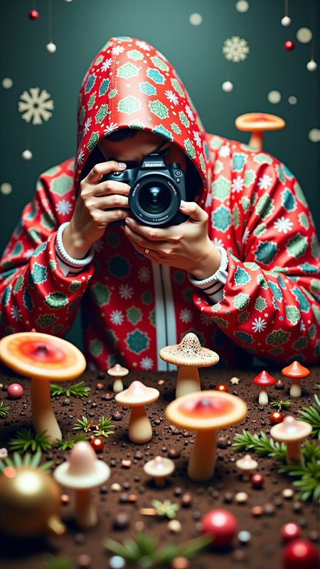 A concept art of of a ChristmasWrapped a macro photographer shooting detailed photos of colorful fungi. It is entirely wrapped up in christmas wrapping paper.
<lora:ChristmasWrappedFlux:0.7>
