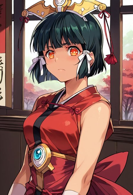 score_9, score_8_up, score_7_up, source_anime,
kuroinukaguya, <lora:kuroinu-kaguya-ova-ponyxl-lora-nochekaiser:1>,
kaguya, black hair, orange eyes, hime cut, short hair,
hair ribbon, (best quality) , (highly detailed) ,masterpiece ,absurdres ,detailed face ,beautiful face ,(detailed eyes, deep eyes, anime eyes), 
standing,cowboy shot,facing viewer,looking at viewer,
classroom,indoors,
1girl,
<lora:midori-000009:0.9>,midori,kunoichi,white japanese clothes,sleeveless,gloves,ribbon,miniskirt,, score_9,score_8_up,score_7_up,source_anime,best quality,masterpiece,uncensored,(clear eyes:1.2),detailed background,<lora:add-detail-xl:0.7>, zPDXL,