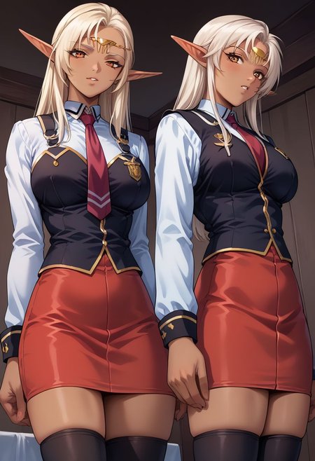 score_9, score_8_up, score_7_up,  source_anime, <lora:Degen_Pirotess_v1-000007:1> pirotess, circlet,  <lora:bible_black_uniform_xl_v3:0.8> school uniform, white shirt, black vest, black thighhighs, red skirt, red necktie, dark elf,