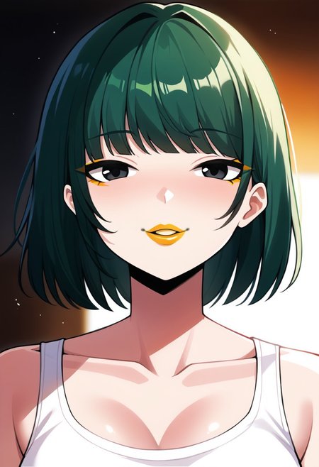 score_9, score_8_up, score_7_up, score_6_up, solo RAW photo, Bo Wei Style, source_anime, lineart, volumetric lighting, natural, close up shot, bokeh, (Masterpiece, Best Quality, Highres:1.2), best quality, absurdres, Cinematic Lighting,
BREAK 
<('1girl': ('young'+'green hair'+'carefree'+'bob cut'+'bangs'+'white tank top'+'eyeliner'+black eyes+'orange lipstick'),
((korean))))>,