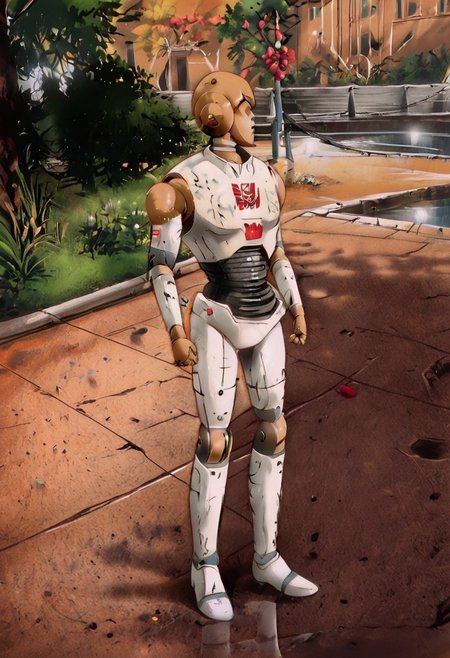 VOV-A6 Lab Tech from atomic heart, robot, solo, brown robot, white outfit,
outside,  river, pavement, buildings Transformers animation <lora:Transformers 86 FT:1>
