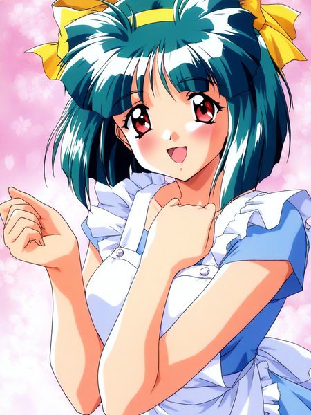 general,highres, ultra-detailed,very aesthetic,best quality ,best hands, BREAK <lora:Sakura_Kaedeko_Tokimeki_Memorial2_IS:1>
Sakura_Kaedeko(Tokimeki_Memorial2), 1girl, solo, short hair, green hair, yellow hairband, red eyes, bangs, breasts, 
apron, bow, own hands together, hair bow, open mouth, 
ribbon, smile, interlocked fingers, short sleeves, looking at viewer, cowboy shot, dress, own hands clasped, frills,