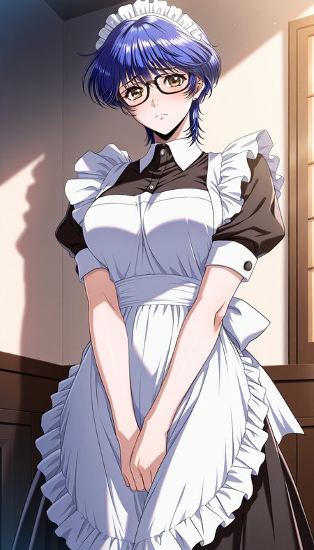 masterpiece, best quality, good quality, <lora:Kurata_arisu_IS:0.8> Kurata_arisu, blue hair,  blush, (no glasses:1.5)
short hair, large breasts,brown eyes, yokota mamoru style,
1girl, solo, maid, maid headdress, apron, short sleeves, looking at viewer, black-framed eyewear, maid apron, v arms, frown, sad, puffy sleeves, dress,
Western-style building in the room.