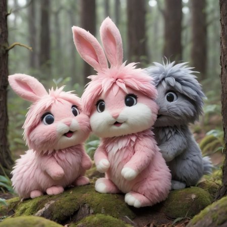 source_anime, Cute wonderful creatures, Microphotography, chibi, cute  fluffy rabbits ,pink and grey, in a dreamy forest, ispzxll, In a felt puppet world style,