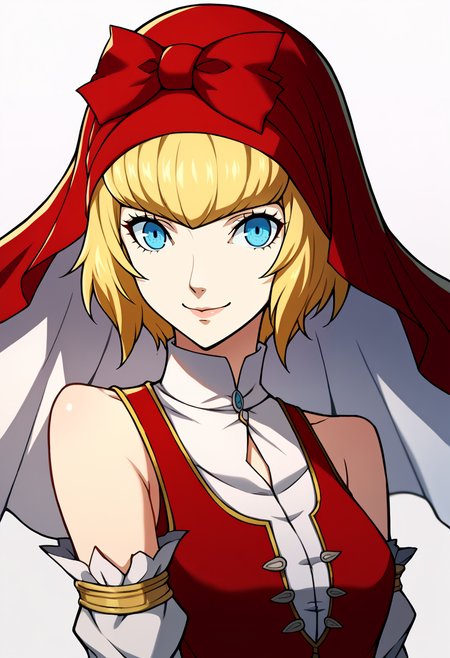 score_9, score_8_up, score_7_up, source_anime, BREAK, solo, 1girl, smile, looking at viewer,  <lora:P5-Portraits-pdxl_Fp:1>, simple background, portrait, <lora:Idun-pdxl-DoRA_Fp:1>, idunnsmt, short hair, blonde hair, blue eyes, veil, red bow, red dress, vest, smile, bare shoulders,