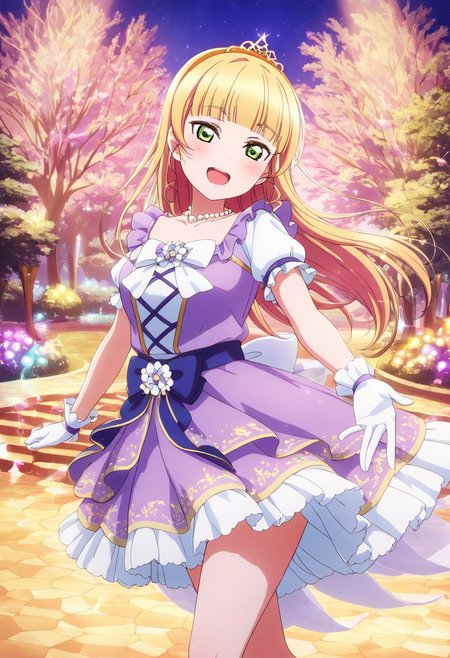 masterpiece, best quality, solo, 1girl, aged up, happy, 
 heanna_sumire, sumire_heanna, long hair, bangs, blonde hair, green eyes, blunt bangs, hairband, orange hairband, fairytale idol dress, lilac and gold gown, layered tulle skirt, pearl accessories, jeweled tiara, enchanted forest stage, glowing mushrooms, sparkling fog, soft magic aura, elegant and dreamy performance