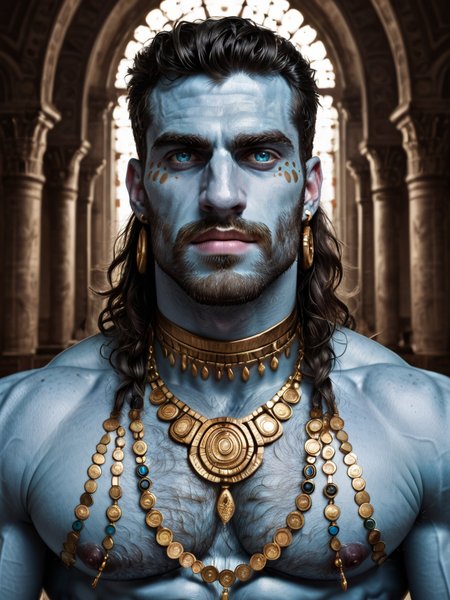 score_9, score_8_up, score_7_up, score_6_up, score_5_up, score_4_up,( full body), background palace,  Imagine a hyper-detailed picture of a orhun with azure blue skin, blue-eyes,  his face decorated with gold tribal patterns that swirl and curve around his eyes, cheeks, and neck. The golden motifs are complex, with lines, dots, and spirals that add texture and depth to his visage. his lips are painted with a deep metallic color that harmonizes with the golden details on his skin. he wears a prominent headdress of gold, adorned with dangling ornaments that add movement and contrast to the stillness of his face. Large, elegant gold earrings complement the tribal-inspired design, and his eyes are framed with dramatic golden eye shadow and long, defined lashes. The lighting is soft yet focused, highlighting the goldâs shimmer and the matte finish of his blue skin, lending a realistic touch to this ethereal composition. This photorealistic image fuses ancient cultural elements with a modern style, creating a mesmerizing effect.hairy chest, muscular legs,, bare feat, sixpack
<lora:TrSerkan-Orhun-Pony:0.6>