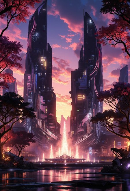 OBsgdys, A digital painting in the style of ck-js, highest definition, HD32K, wallpaper, hyperdetailed, concept art, tall, curved obsidian and smoked glass towers in a cyberpunk sci-fi plaza, in front of a pond with a fountain, dark and imposing, silhouetted in a neon-hued sunset, reflected in the water
