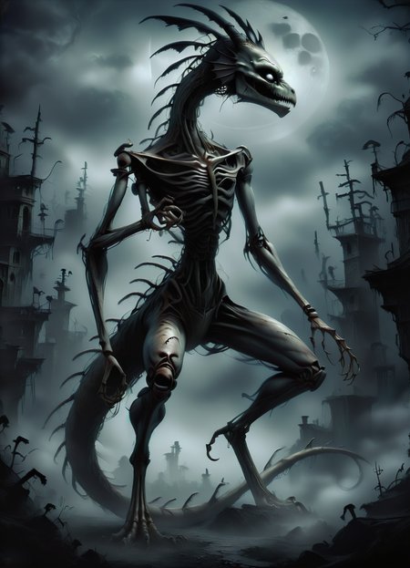 DonMGl00myN1gh7m4r3XL,score_9, score_8_up, score_7_up, score_6_up, a harmonious deluge darkness elongated  Chinese Dragon,  fins, skeletal head, long clawed legs,    segmented tails, ,  creepy, gloomy, <lora:DonMGl00myN1gh7m4r3XL:0.8>