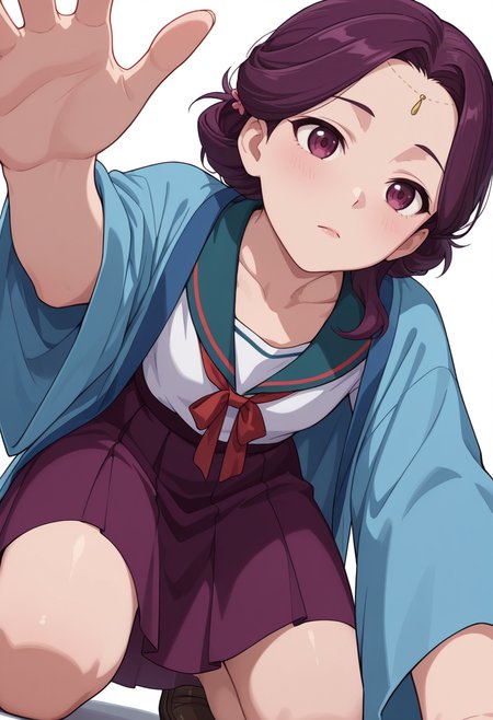 Smooth Quality,masterpiece,very intricate, high quality details, ultra realistic, high detailed skin,detailed enviorement,absurdres,
partially undressed, 
 <lora:Yinghua_CNR:0.8> yinghuacnr, purple hair,  purple eyes,, simple background, white background, from below,
kneeling, one hand on ground, reaching forward, focused, tense,  ,depressed,, sailor shirt,  ,haori,  ,sheer skirt,  ,