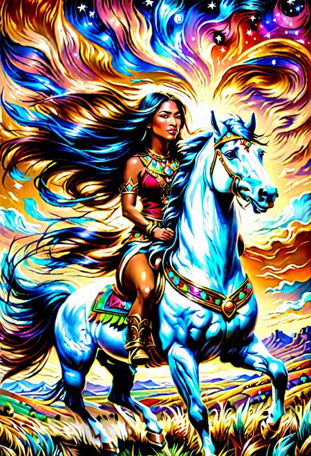 A masterpiece oil painting in the style of Lawrence Alma, depicting a very beautiful Indian woman with feathers in her hair and bright native ornaments, with a spear in her hands, riding a black horse with a long mane, galloping across the plain. The woman's hair and the horse's mane are fluttering in the wind, two beautiful white wolves with rather long hair are running with them, an eagle flies close above them and in line with them, the front view is a very beautiful landscape. And it is magnificent from the plains of America, a very beautiful sunset, bright and mesmerizing colors, untouched nature, a beautiful horizon with a large sunset in the background and several very small clouds against the background of a large orange sunset, 16:9 , without frame, 8k, a masterpiece,
Modifiers:
Nikon D850 is trending on Artstation, clear focus, elegant award-winning photography, complex oil portrait on 8k canvas, masterpiece photorealistic, very attractive, beautiful wallpaper, fantastic view, hyperrealistic, over-detailed, high resolution, clear quality, colorful hdr, very cute professional photo shoot, ultra-realistic, epic symmetry, bright colors, three-dimensional image without frame, academic art, high-octane rendering 16:9, Ultra-wide resolution 16K UHD. HDR perfect body proportions, delicate facial features, animals in motion, a powerful sense of feminine energy, small details in the animal's body, the effect of strong wind and very high speed Lawrence Alma sharp edge