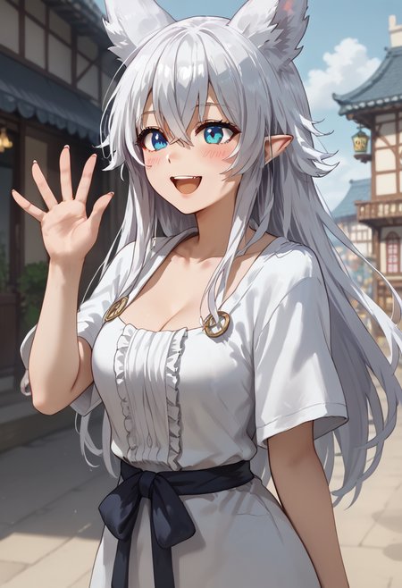 score_9, score_8_up, score_7_up, source_anime, masterpiece, detailed face,1girl, 20yo, mature woman, anime style, medival town, smile, anime screencap, blush,fenrys, long hair, fox ears, white hair, medium breasts, long hair, blue eyes, animal ears, bangs, white hair, hair between eyes, pointy ears, crossed bangs, collarbone, open mouth, white long dress, profile,upper-body,fullbody, standing, waving,
 <lora:fenrys_pony_v1:0.7>
