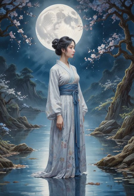 (WaterColour paint effect), -Hanama wine, 1girl, moon, long hair, solo, black hair, dress, branch, hair bun, flower, reflection, chinese clothes, hair ornament, jewelry, bird, earrings, full moon, water, white dress, holding flower, holding, long sleeves, closed eyes, single hair bun, ripples, sky, looking down, full body,anime, <lora:Paint_Effects_SDXL_-_By_DICE:0.7>score_9, score_8_up, score_7_up, 1girl, solo, long hair, breasts, looking at viewer, large breasts, dress, blue hair, standing, braid, thighs, japanese clothes, Happy Mother's Day to any mom who is no longer alive, style of Daniel Merriam, Josephine Wall, Catherine Abel.
Modifiers:
bokeh extremely detailed fantasy intricate 8k masterpiece very attractive beautiful award winning fantastic view hyperrealistic acrylic art magical complex deep color Bold colors warm light