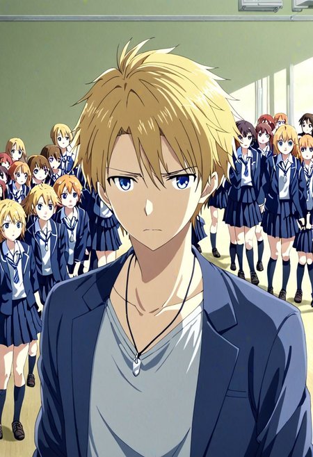 high resolution, solo, best quality, 1Boy, Yamato Ishida, Blond Hair, Necklace, school, school uniform, OverallDetail