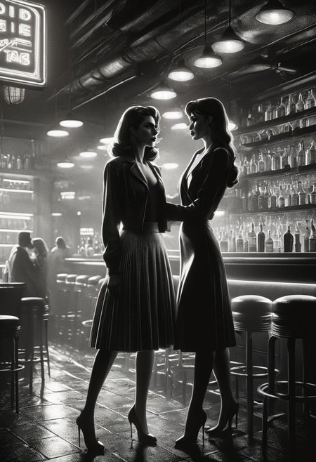 score_9, score_8_up, score_7_up, score_6_up, 2 girls, hugging, hugged from behind, mad-sincity, noir, monochrome, very aesthetic, masterpiece, best quality, highres, absurdres, cinematic lighting, dynamic angle, detailed, intricate details, perfection,
BREAK,
2girls, ((duo)), 24yo, beautiful face, full lips, long hair, medium breasts, nightclub, 
BREAK,
short skirt, crop top, waitress, sweater
in a crowded bar, people in the background,