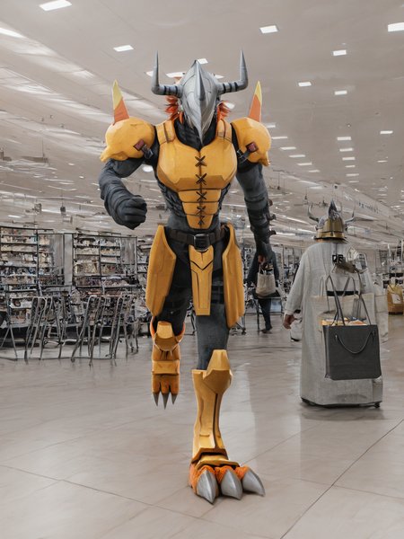sfw, masterpiece, best quality,absurderes,photo,realistic,cinematic,source_photo,DLSR,full body,1boy,wargreymon,digimon \(creature\),yellow armor,orange scales,helmet,horns, running,indoors,shopping mall,<lora:Reallustrious_Beta:1>