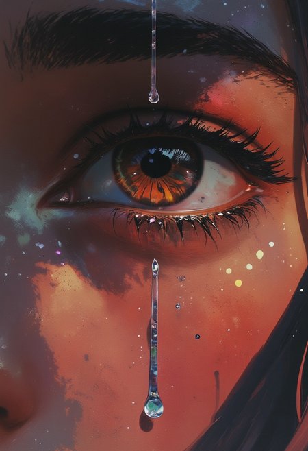 A hyper-realistic photograph with extreme detailing, capturing a striking close-up of a single eye with tears streaming down a freckled cheek. The iris is an intense, almost luminescent amber with intricate golden striations, while the pupil is a deep obsidian black, creating a mesmerizing contrast. The eyelashes, thick and delicately curled, shimmer in a rich midnight purple hue, standing out vividly against the surrounding skin. The skin is warm, deep bronze with extreme pigmentation and a constellation of rich, dark freckles perfectly placed across the cheek and brow, adding depth and natural imperfection. The tear-streaked texture is flawlessly detailed, with micro-pores, fine lines, and the soft sheen of moisture reflecting light in a lifelike manner.  
The background is an ethereal blend of smoky charcoal and soft violet, subtly fading into an inky black at the edges, creating a dramatic, almost cinematic depth. The tears are rendered with glass-like transparency, clinging momentarily before trailing down the cheek in shimmering rivulets, catching ambient light in a way that enhances the emotional intensity of the image. Every element, from the hyper-detailed reflection in the eye to the interplay of light and shadow on the wet skin, is crafted to evoke raw emotion and unparalleled realism.