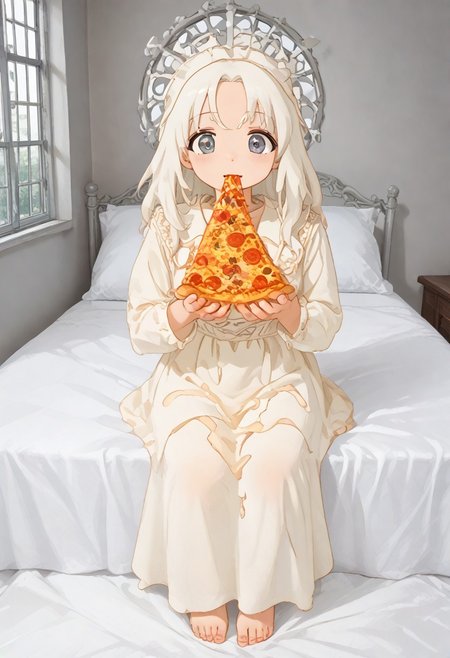red slime girl ((eating pizza)) pizzasdx, looking at viewer (pizza melting:1.5) medieval bedroom background, masterpiece, full body sitting on bed, white bed, bed, white sheets, window, good light, perfect hands, good hands (hands on pizza) pizza