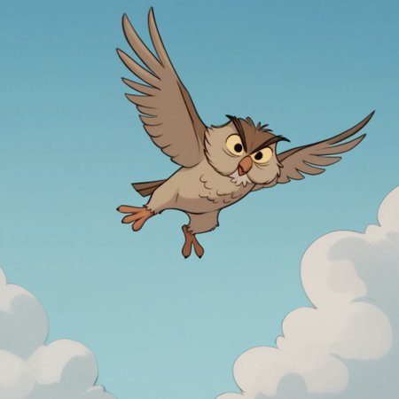 score_9, score_8_up, score_7_up, score_6_up, score_5_up, score_4_up, source_furry, Archimedesowl, feral, male, owl, brown feathers, yellow sclera, black eyes, flying, sky, clouds