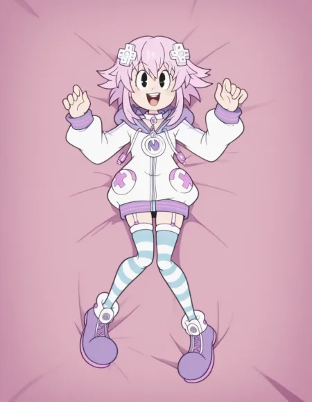 1girl, 
RetroXL, toon \(style\), flat color, black eyes,
neptunehuman, d-pad hair ornament, striped thighhighs
smile, open mouth, upper teeth,
lying on bed, girl lying on back, dakimakura design, 
anime coloring, very awa,  best quality, year 2024, newest, highres, absurdres,
very aesthetic,  amazing quality, beautiful color,colorful