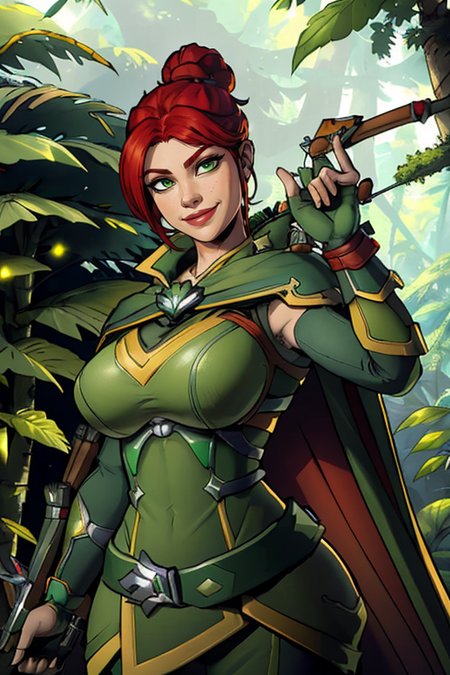 masterpiece,best quality,extreme detail,8k,image sharpness,<lora:Cassie:0.8>,cassie2,1girl,solo,smile,gloves,green eyes,weapon,red hair,belt,hair bun,cape,armor,tree,single hair bun,nature,forest,green cape,crossbow,