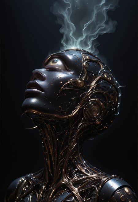 impressionist classical-style painting of a highly detailed, fantasy scene with a dramatic, robotic aesthetic. The central figure is a female robot. Her head and body are made of shiny and smooth metal with multi-colored, exposed wiring going down her neck creating an organic mosaic pattern. She is a biomechanical robot with Chrome Skinned and there are wires jacked into her face. Her cyclops eye is an intense silver color with light silver eyeshadow, and her lips are a rich, deep silver color. There is a missing panel on her cheek. A spot light focuses on her from above. She is bald and is blending in with the dark, smoky, nighttime background. She is facing you and looking up into the sky intensely. The overall impression is one of dramatic beauty, with an almost otherworldly quality.  (((ultra-realistic style))), realistic soft lighting, dark, eye-catching, atmospheric lighting, natural, shallow depth of field, (highlights: 0.8), high detail (dynamic, cinematic shot, film grain, bokeh, depth of field,