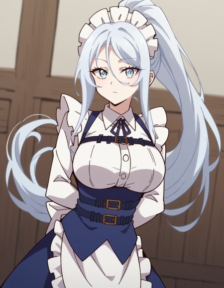 score_9, score_8_up, score_7_up, source_anime, <lora:sylpha-langlis-s1-ponyxl-lora-nochekaiser:1>, sylpha langlis, long hair, blue eyes, hair between eyes, ponytail, white hair,, large breasts, apron, maid, maid headdress, maid apron, frills, long sleeves,, armory, weapons, armor, storage racks, military, , hands behind back, bent over,, looking at viewer, solo,, dutch angle, cowboy shot